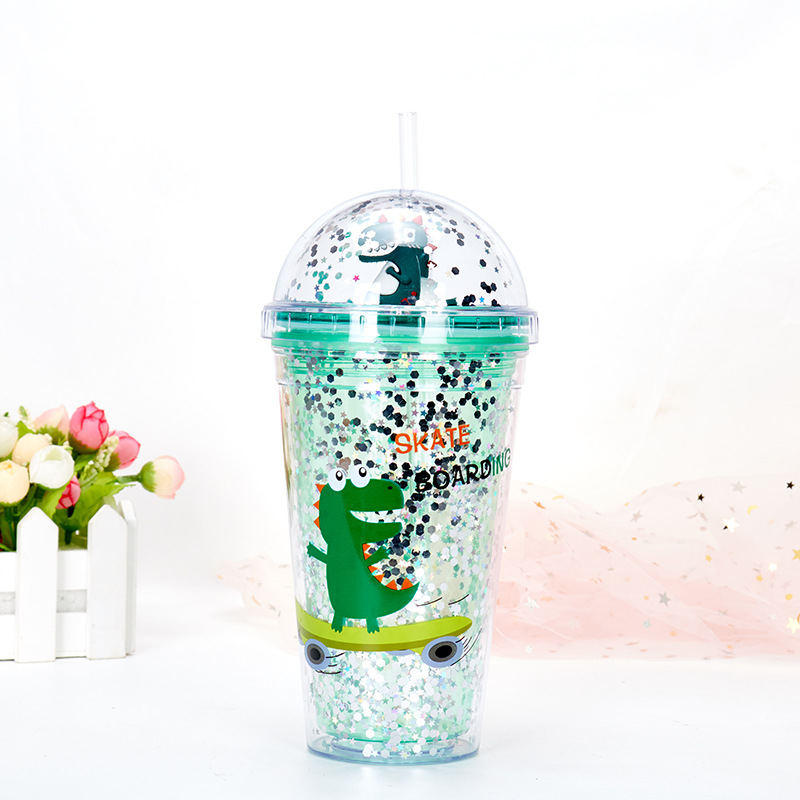 Micro Landscape Slide Cover Double-Layer Cup with Straw Fresh Student Couple Water Cup Dinosaur Sequins Summer Ice Glass Wholesale