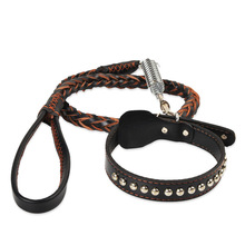 Cowhide dog leash leash with chain pet collar genuine leathe