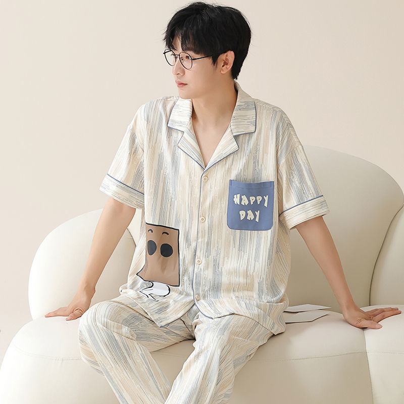睡衣男士夏季纯棉短袖长裤薄款新款夏天大码可外穿卡通家居服