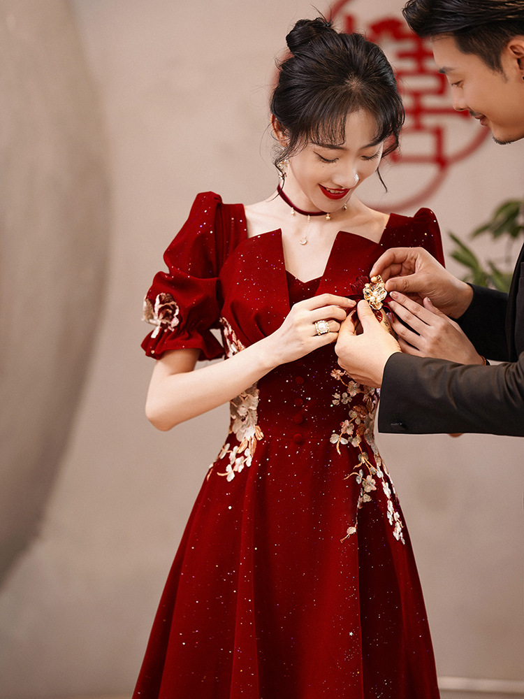 敬酒服新娘2022新款孕妇显瘦酒红色结婚小个子女订婚高级感晚礼服