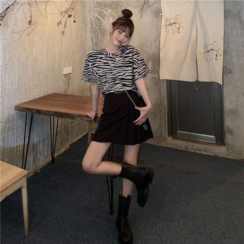 2022 Summer New Korean Style Loose Zebra Pattern Age-Reducing O-neck Short Pullover Short Sleeve T-shirt Female Student Top