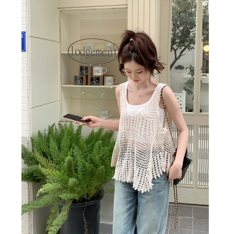 慵懒风叠穿镂空背心罩衫套装女内搭外穿白色小吊带夏季新款两件套