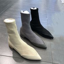 2022早秋新款韩国东大门女鞋韩版尖头拼接弹力布面套筒低跟短袜靴
