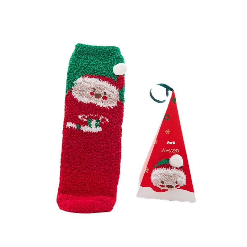 SocksCoral Fleece Christmas Stockings Autumn and Winter Triangle Boxed Extra Thick Socks Cute Cartoon Tube Socks Socks Female Sleeping Socks