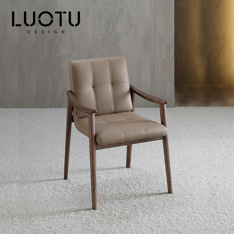 Italian Designer Dining Chair with Armrest Mortise and Tenon PU Leather Leisure Chair Backrest Solid Wood Chair Restaurant Genuine Leather Chair