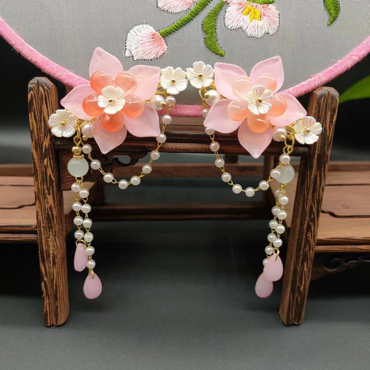 儿童古风汉服发饰花朵流苏古装头饰女孩新年配饰对夹成年很仙夹子