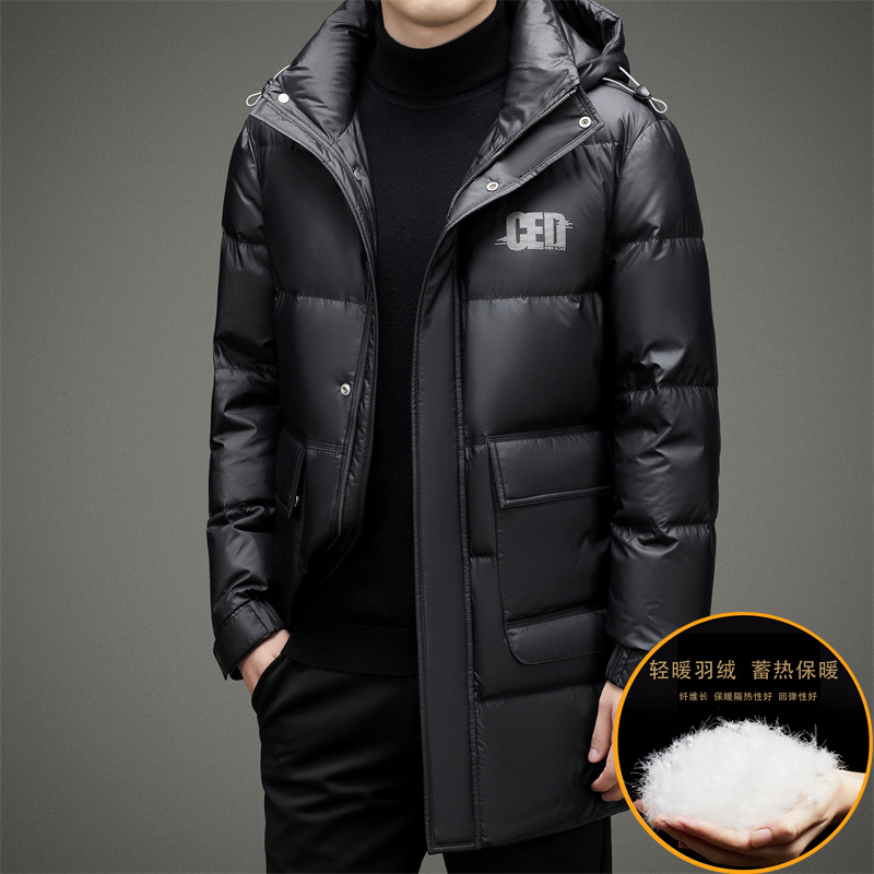 90绒连帽羽绒服外套男士冬新款加厚中长款中年休闲羽绒服大衣外套