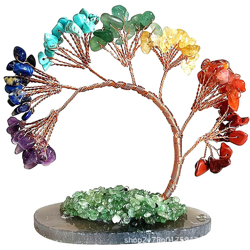 新款七色水晶树碎石能量生命树天然宝石发财树工艺品创意装饰摆件