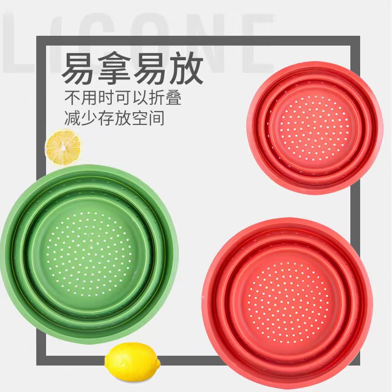 Platinum Silicone Folding Fruit and Vegetable Drain Basket Cross-Border round Retractable Outdoor Camping Kitchen Drain Fruit Plate Vegetable Basket