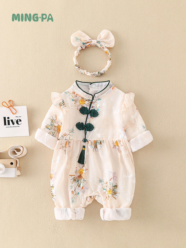 Mingclimbing Baby Clothes Spring Jumpsuit Female Baby Chinese Style Spring and Autumn Class a Sheath Skirt One-Piece Delivery
