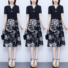 夏季新中式真丝雪纺连衣裙大码拼接假两件时尚气质中国风减龄裙子