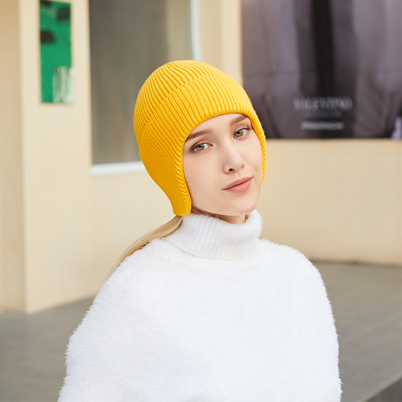 Autumn and Winter Knitted Hat Men and Women Pure Color Warm Keeping Earmuffs Hat Outdoor Riding Woolen Cap Ski Pullover Beanie Hat