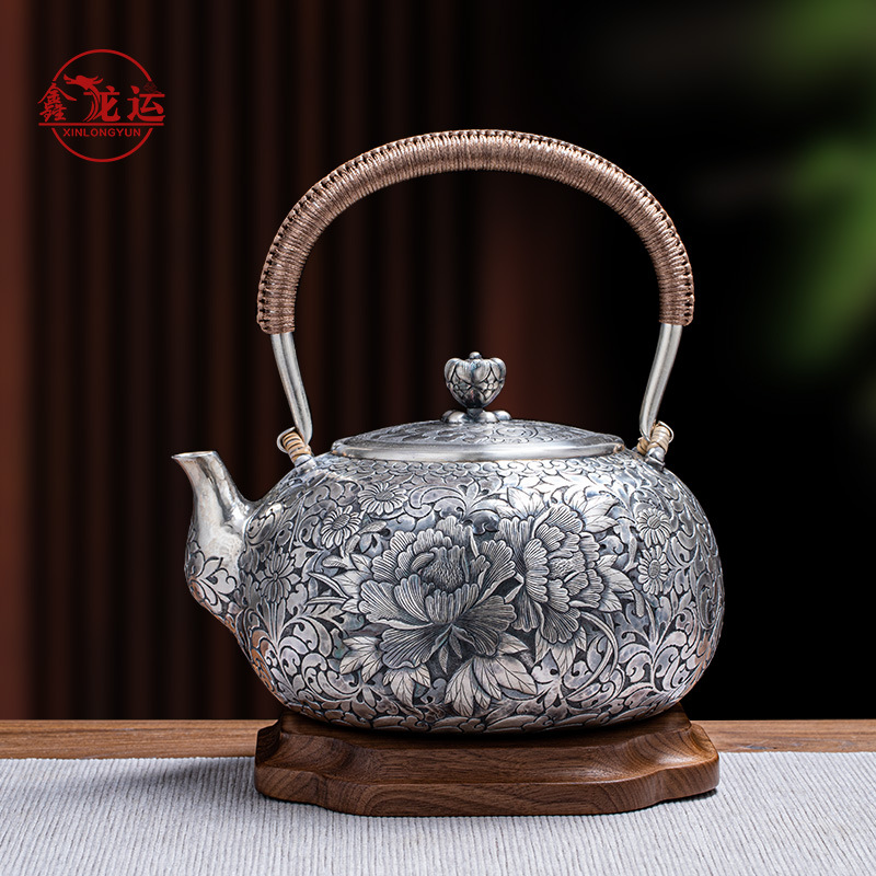银壶999纯银烧水壶手工高端錾刻家用银茶具富贵牡丹煮茶壶-阿里巴巴