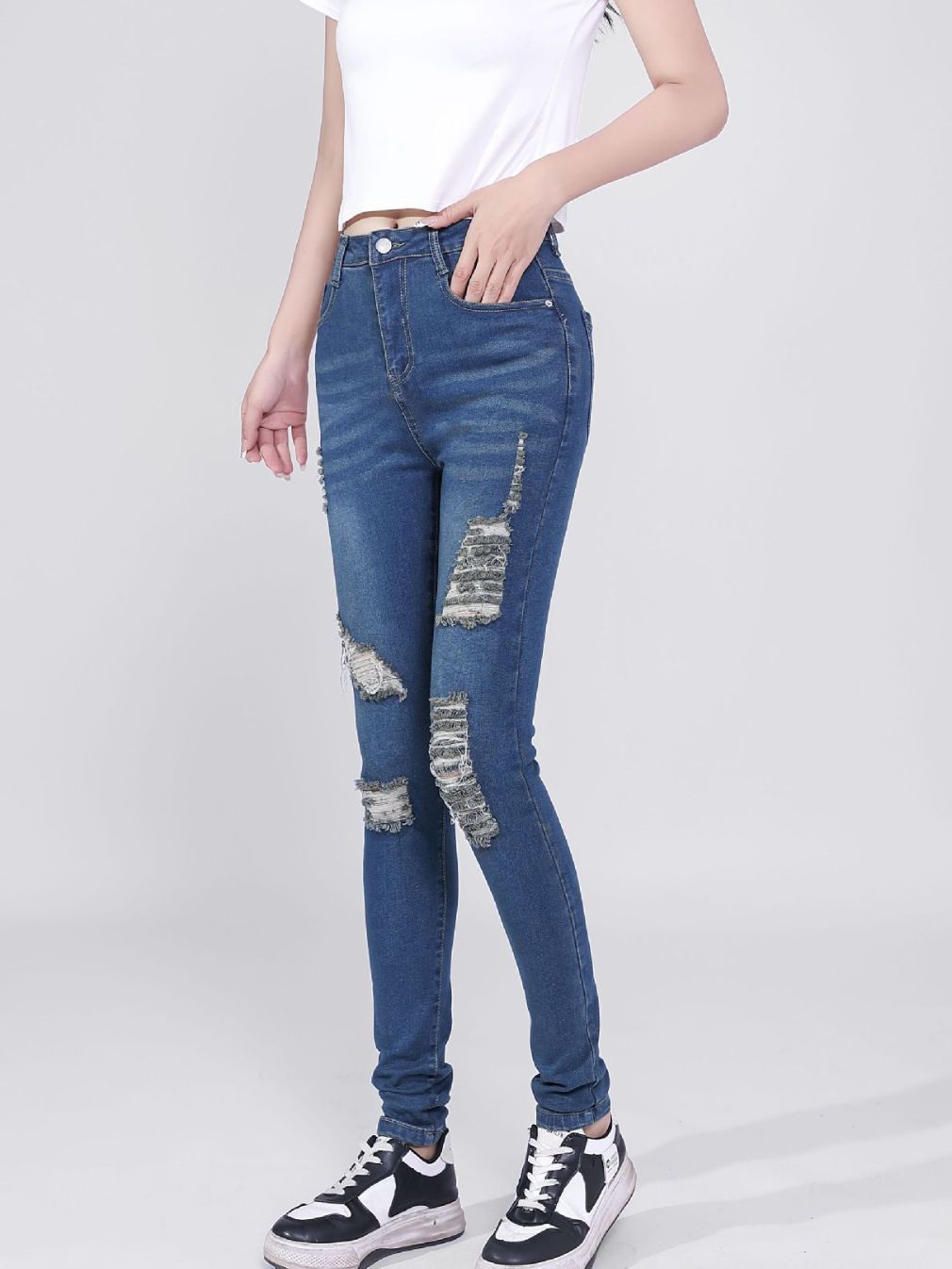 Europe and America Cross Border New Jeans Wholesale Quality Stretch High Waist Retro Blue Washed Ripped Skinny Jeans for Women