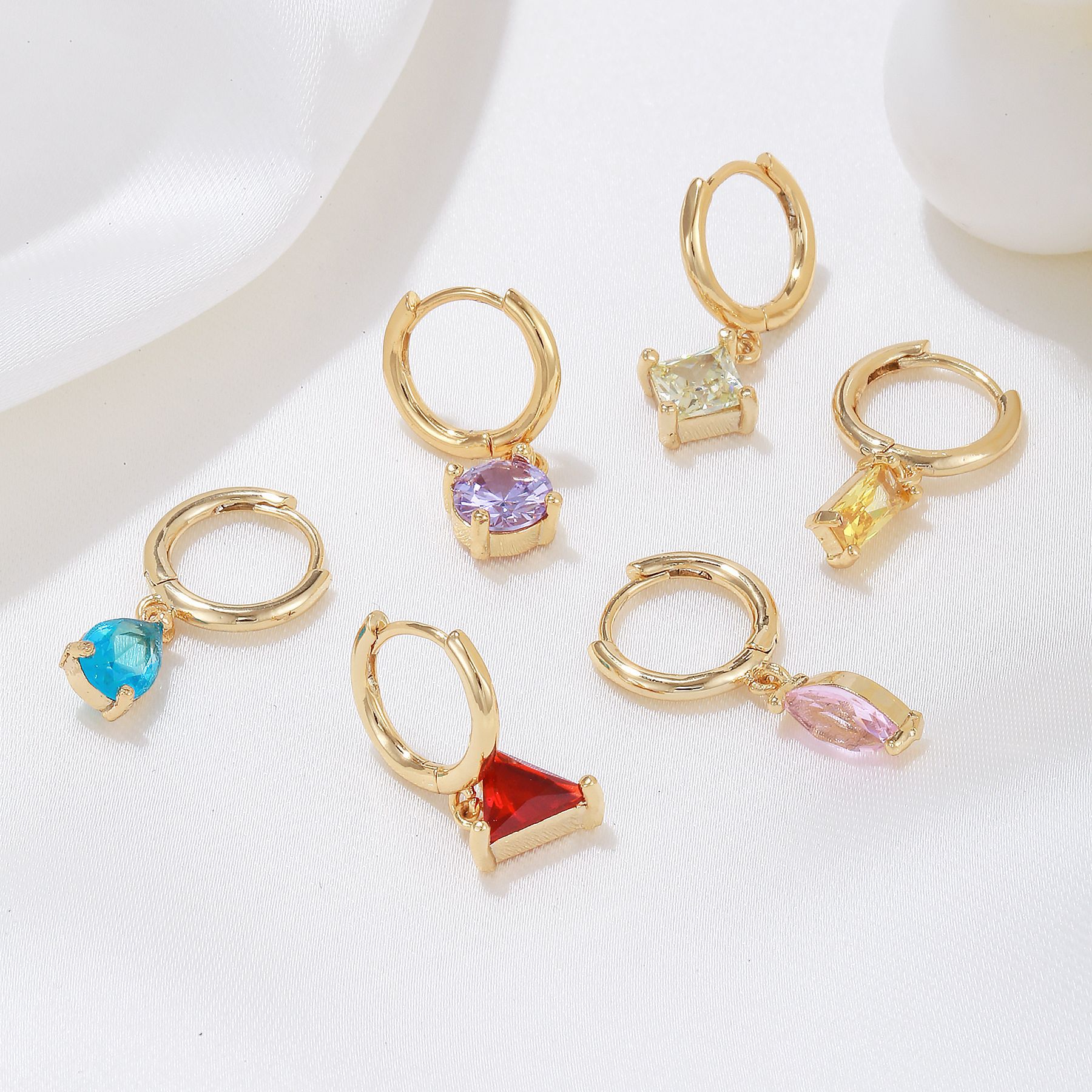 Cross-Border New Arrival Hot Sale Colorful Geometric Ear Clip Suit European and American Fashion Micro Inlay Colorful Zircon Earrings Wholesale