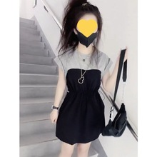 小个子连衣裙女夏季新款韩版遮肉显瘦拼色收腰抽绳高级感洋气短青
