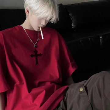 十字架美式高街短袖t恤男夏季潮牌潮流个性痞帅酒红色半截袖体恤