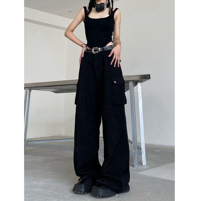 American Style Overalls Apricot Cargo Jeans Women's Retro Vibe Multi-Pocket Loose Wide Leg Leisure Mop Pants