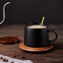 陶瓷咖啡杯欧式简约陶瓷杯带盖勺黑色磨砂配底座杯咖啡厅水杯外贸