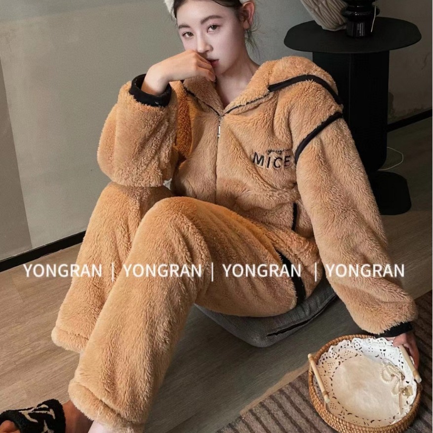 亲肤绒纯色毛绒绒连帽保暖长袖高级加厚家居服开衫休闲两件套睡衣