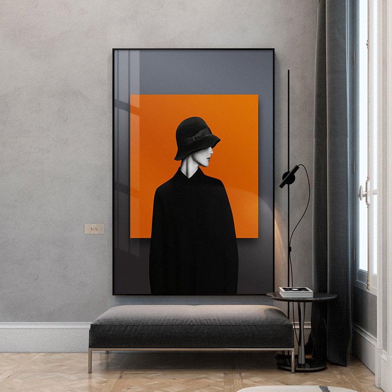 摩登时尚美女艺术人物装饰壁画轻奢风玄关挂画竖版客厅橙色落地画