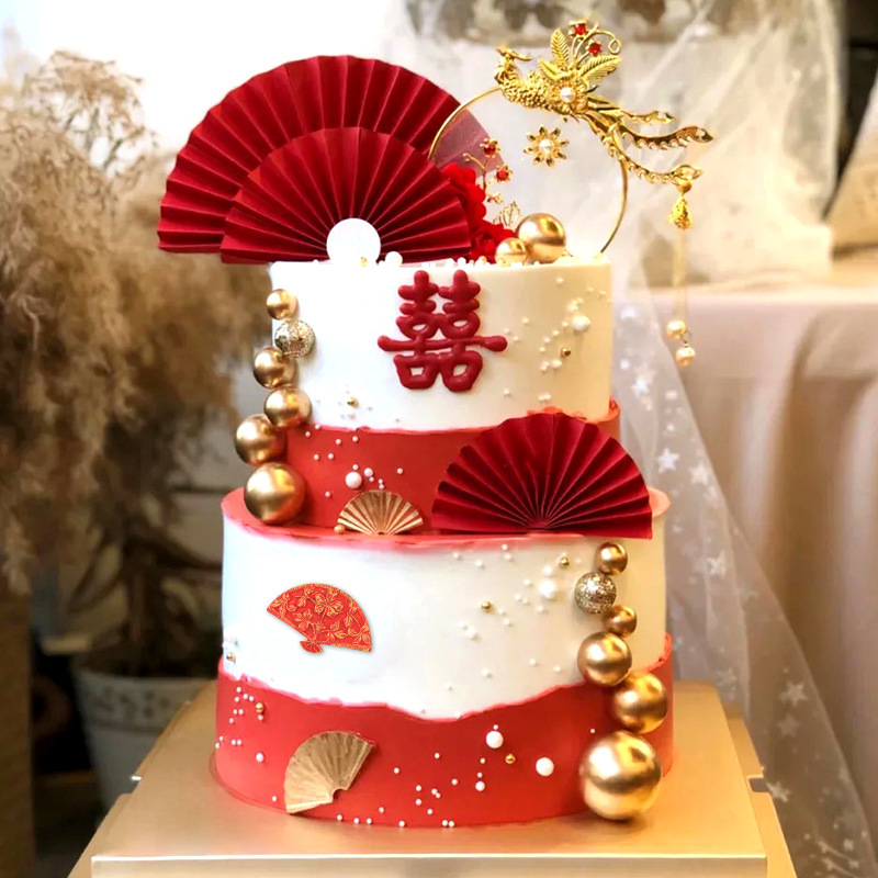 中式婚礼铁艺圆环网纱凤钗凤凰摆件订婚生日蛋糕装饰红色折扇插件