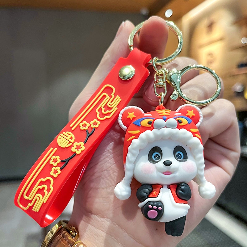 Cute National Fashion Chinese Style Folk Panda Three-Dimensional Doll Car Keychain Pendant Ornaments Night Market Gift Wholesale