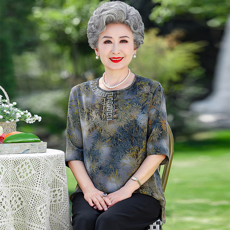 奶奶夏装短袖套装中老年人妈妈夏季宽松t恤衬衣60岁70老太太衣服