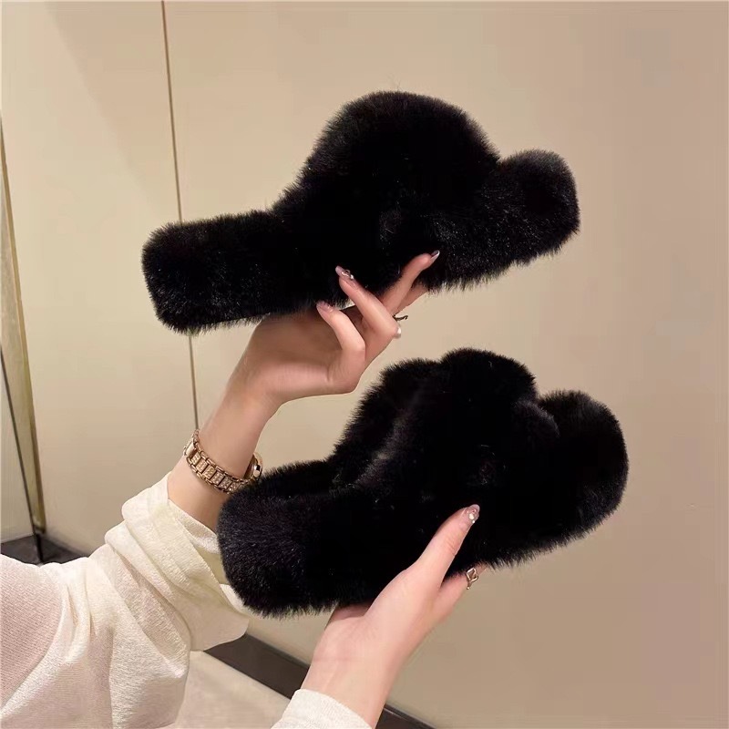 Winter Fluffy Slippers Women's Outerwear 2023 New Ins Trendy Winter and Spring Cross Thick-Soled Cotton Slippers Home Non-Slip