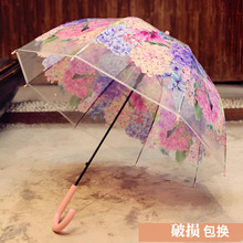 拱形复古透明伞女蝴蝶印花蘑菇伞弯柄长柄伞半自动直杆雨伞女学生