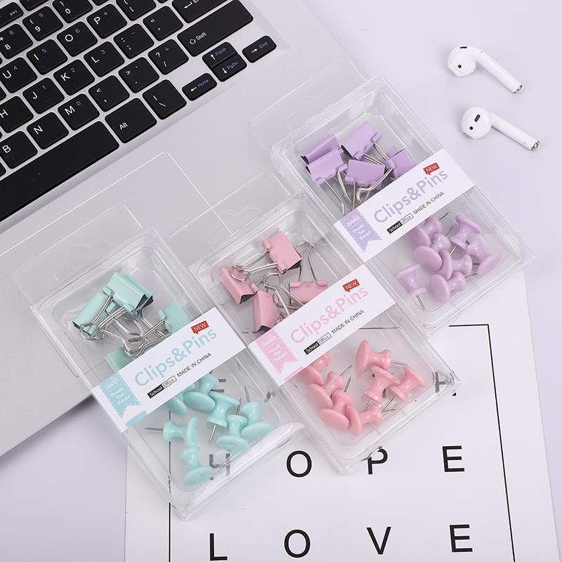 Cross-Border Two-in-One Macaron Color Large and Small Clip Ticket Holder Drawing Pin Binder Clip Boxed Office Combination Set