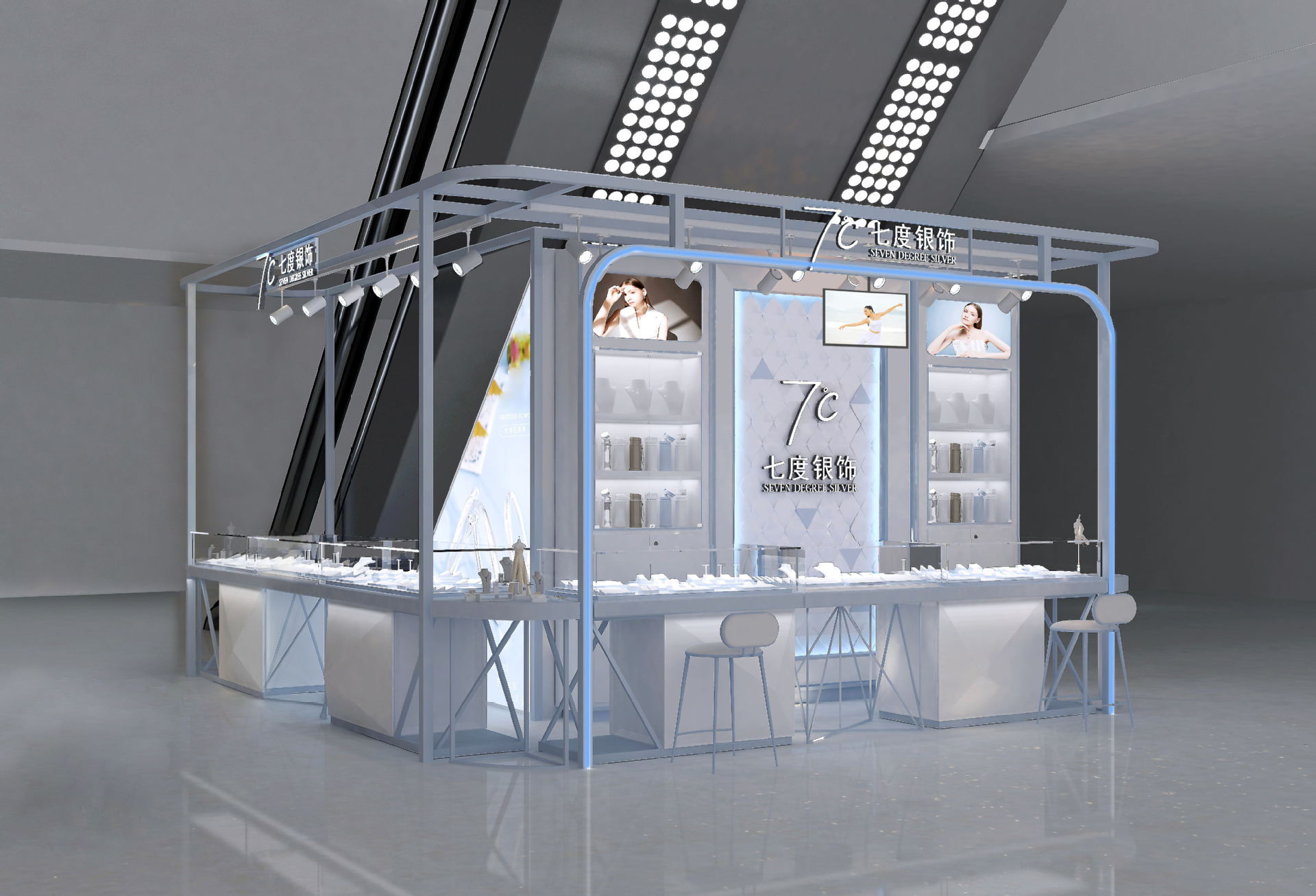 商场中庭珠宝展示柜台中纤板烤漆玻璃展示货柜银饰项链陈列柜摆放