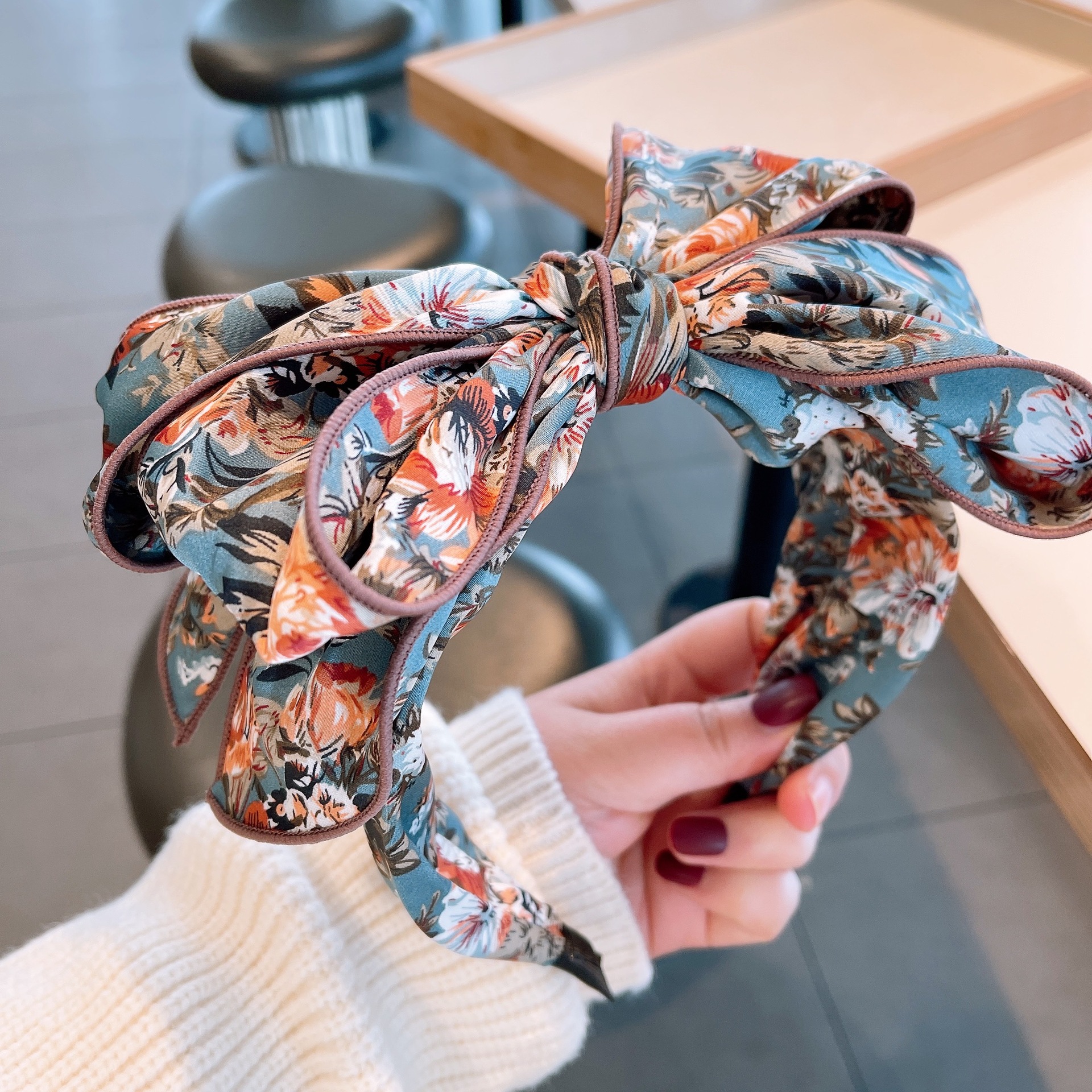 早春款～复古风丝绸印花中国风立体多变大蝴蝶结发卡头箍饰品女生