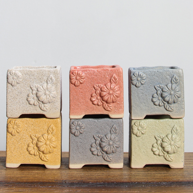 多肉花盆陶瓷透气粗陶彩砂立体浮雕花创意个性带脚简约方形小花盆