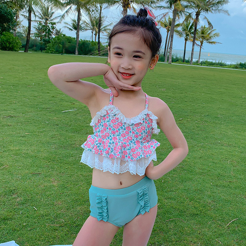 儿童泳衣碎花女童比基尼分体游泳衣中大童吊带公主女孩度假泳装