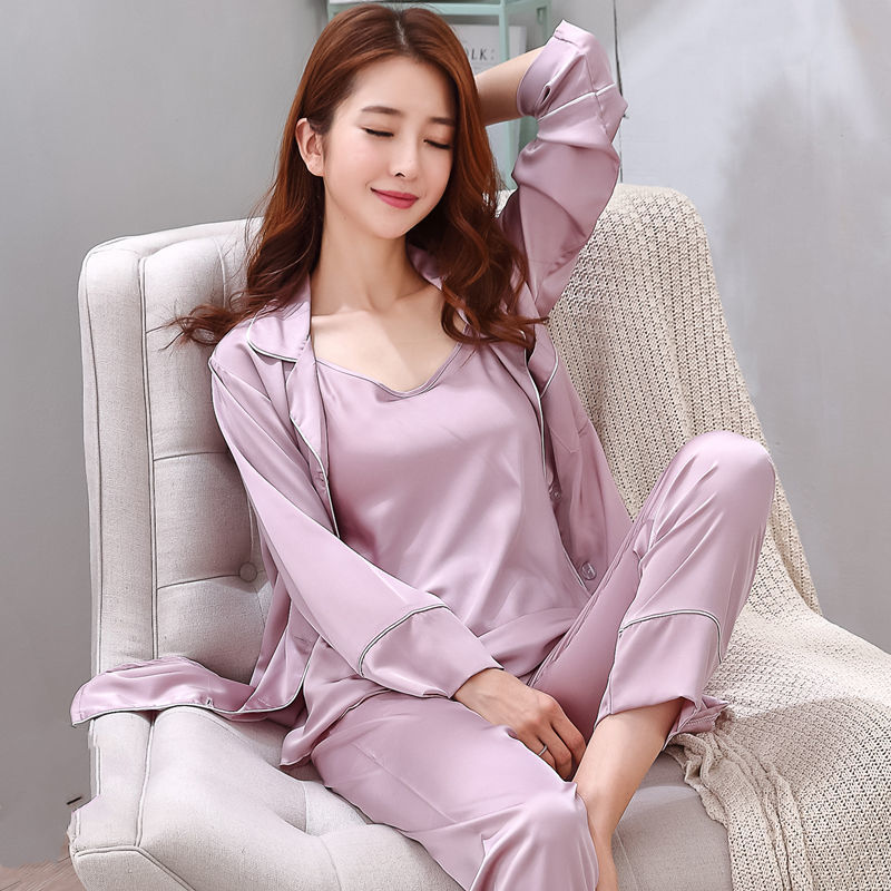 桑蚕丝女士睡衣三件套新款真丝吊带性感韩版丝绸家居服套装女纯色