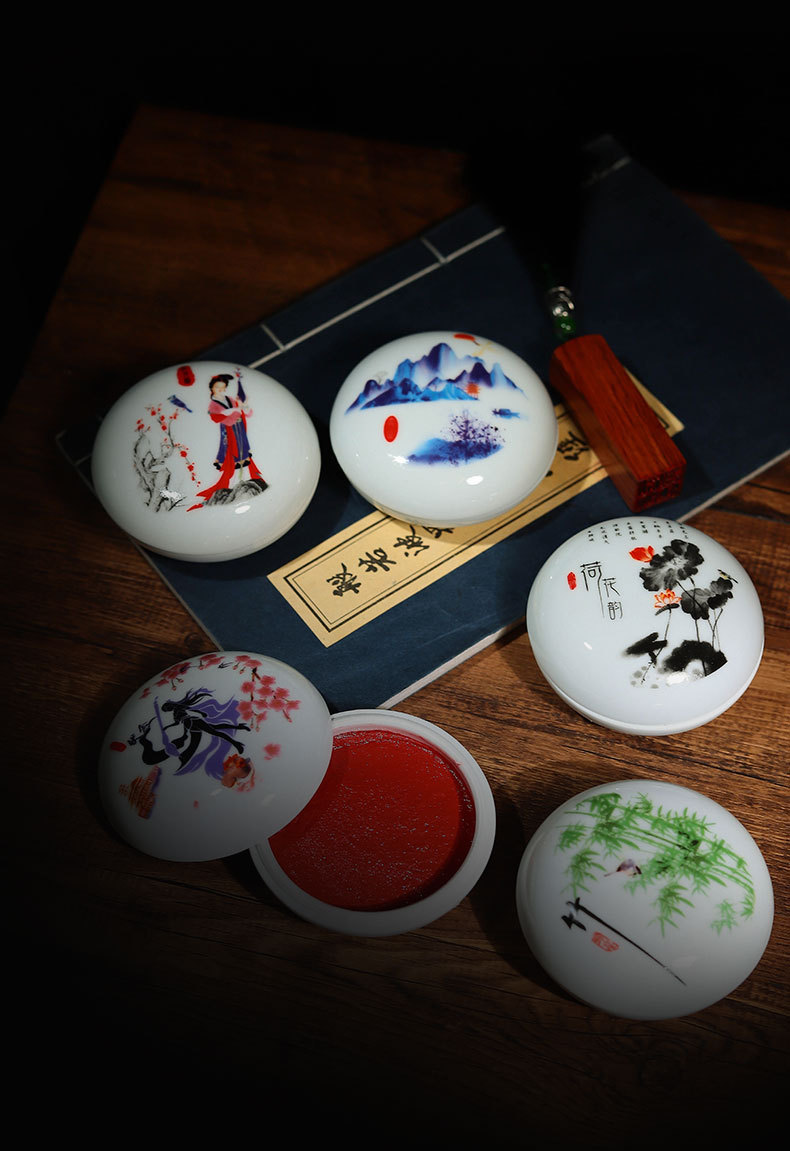 批发书法印泥八宝篆刻国画印章大红书画印泥朱砂色90克印泥盒陶瓷