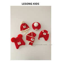 中国风醒狮系列针织帽围巾红色喜庆新年卡通保暖儿童软糯毛线帽