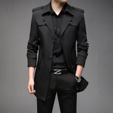 2022春季薄款中长款风衣男士商务休闲外套修身气质黑色男大衣大码