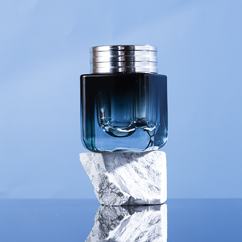 高端化妆品包材瓶50g膏霜瓶胶囊瓶面霜罐深蓝色厚底方形玻璃瓶