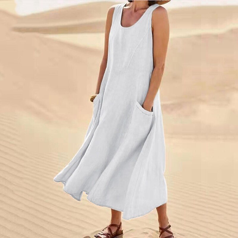 Amazon Independent Station Wish2023 Summer European and American Foreign Trade Pocket Sleeveless round Neck Women's Cotton and Linen Dress Women Clothes