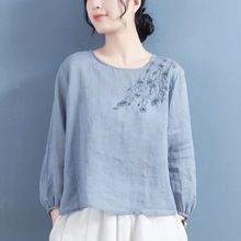 中国风衬衫女2024新款春装棉麻文艺复古刺绣上衣设计感长袖衬衣薄