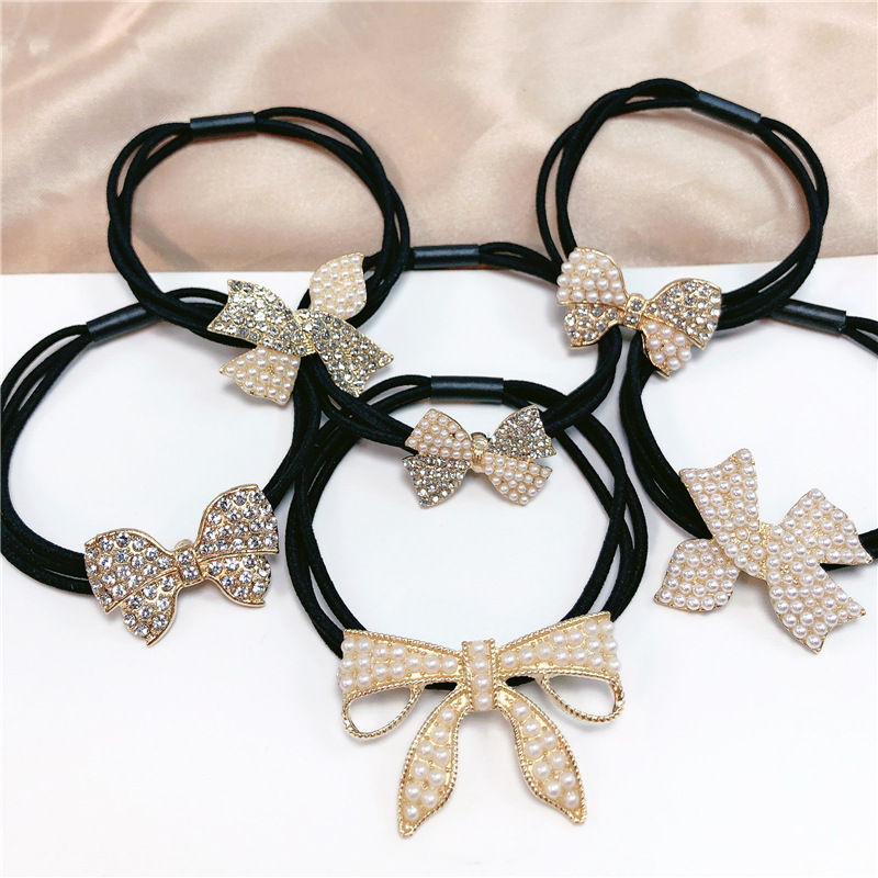 Trending Cute Girl Alloy Full Diamond Bow Pearl Hair Band Hair Accessories for Tying up the Hair Head Rope Girls Rubber Band Hair Rope