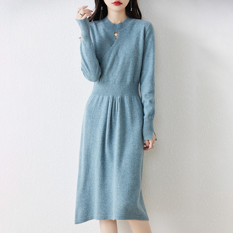 Autumn and Winter New Merino Wool Midi Dress Women's Half Turtleneck Knitted Slimming Temperament Kimono Skirt