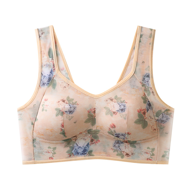 Mesh Floral Print plus Size Underwear One-Piece Cup Backless Bra Vest Style Push up Bra Women's Breathable Big Chest and Small