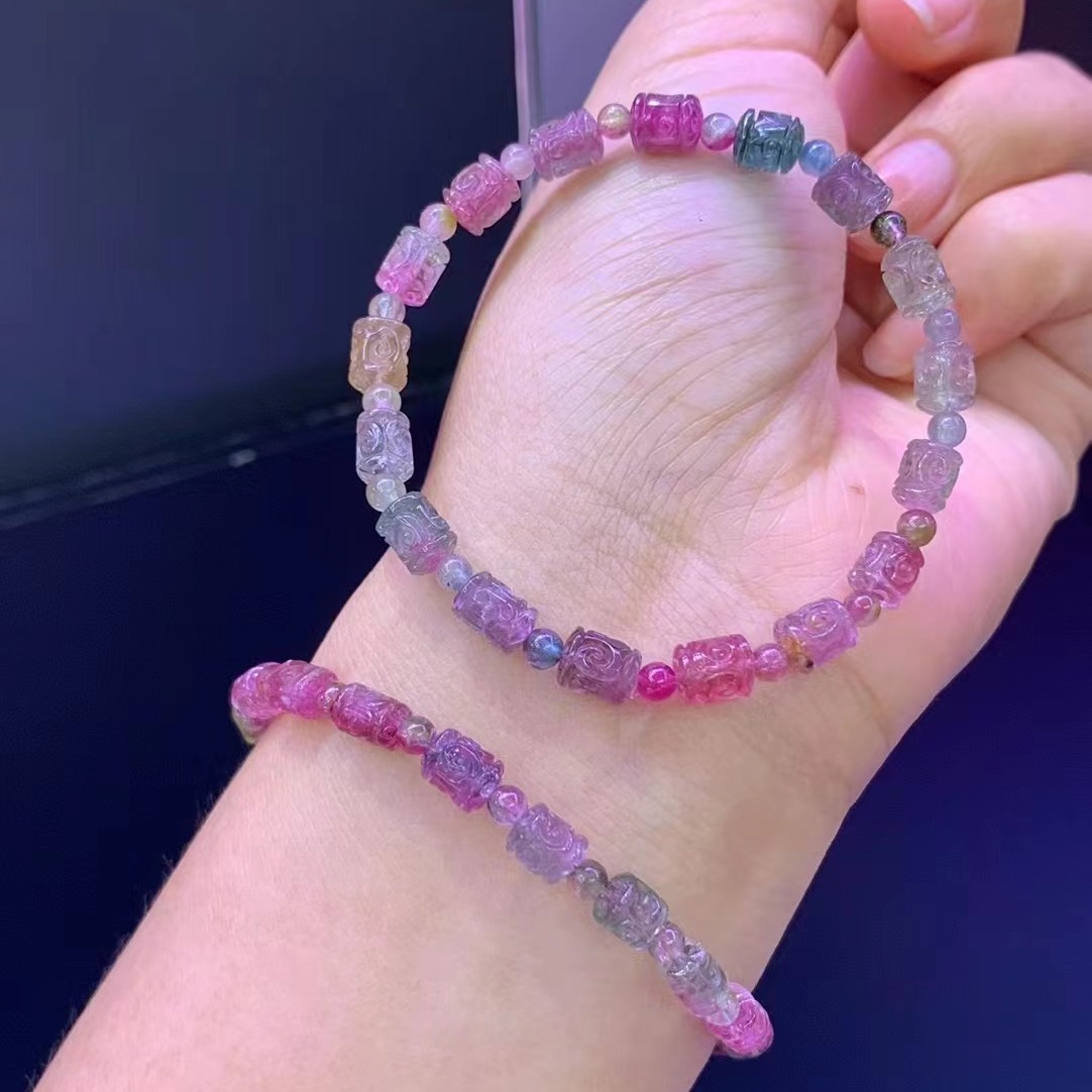 天然碧玺回纹珠手链晶体通透西瓜荧光色系碧玺路路通女款diy直销