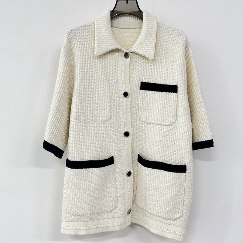 撞色口袋开衫2024秋季新款五分袖翻领针织中长款开衫毛衣外套c102