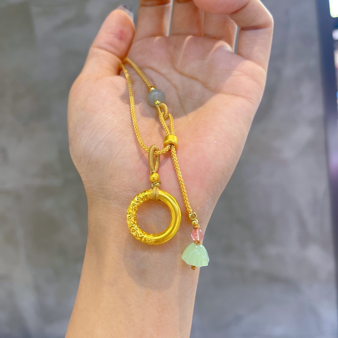 999足金乾坤圈平安扣项链女 5d黄金编绳吊坠国潮风时尚引流爆款