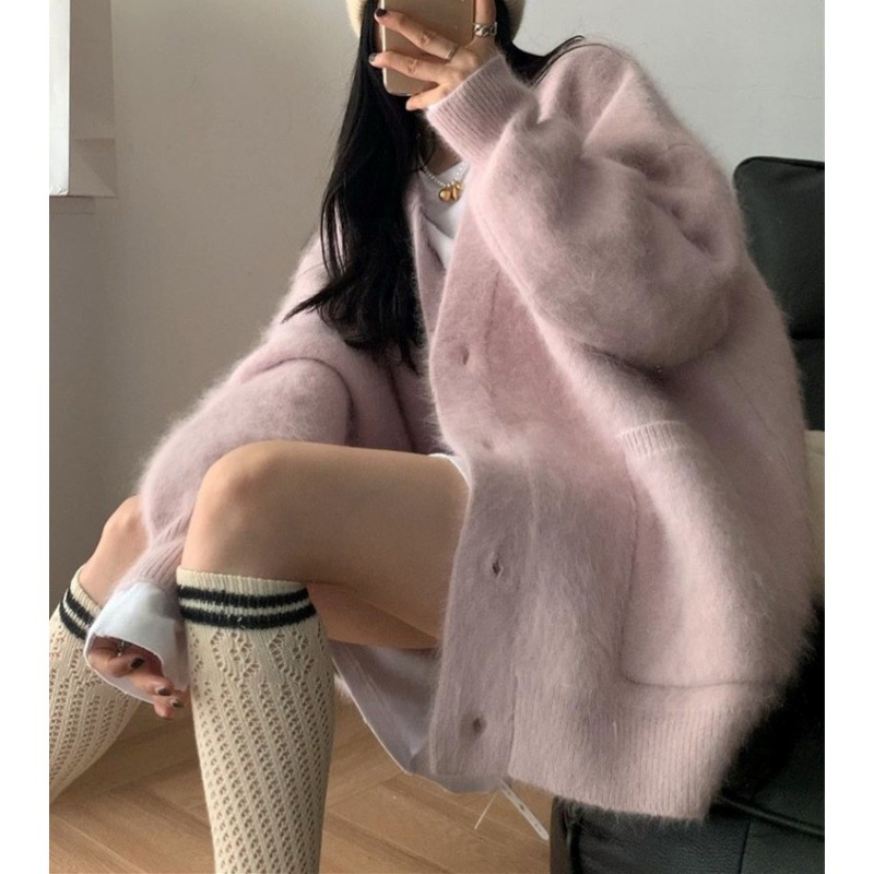 Gentle American Style Loose Mohair Sweater Coat Autumn and Winter Clothing Design Cold Style Knitted Cardigan for Women
