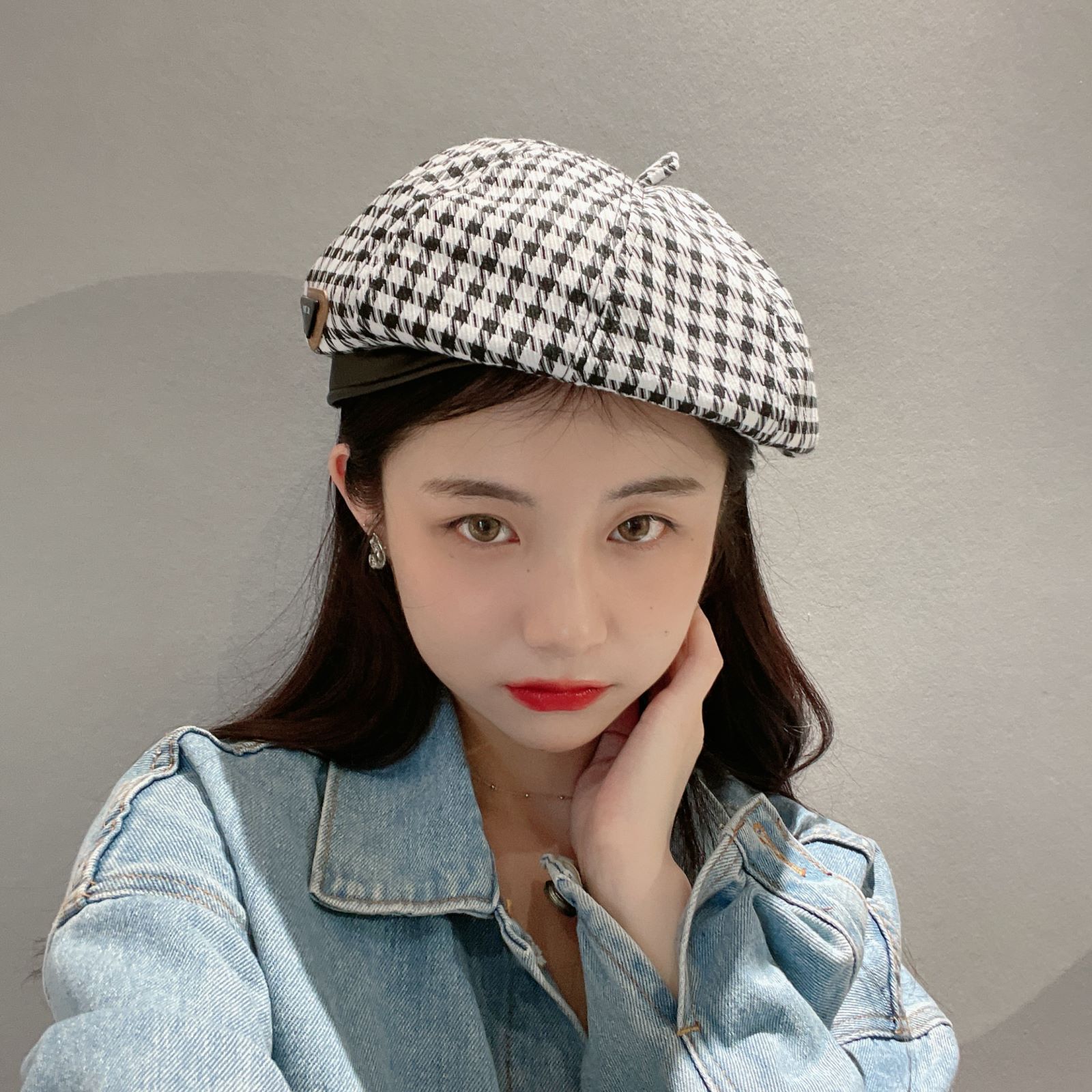 秋冬英伦百搭大千鸟格纹贝雷帽金智妮jennie同款经典平顶画家帽子